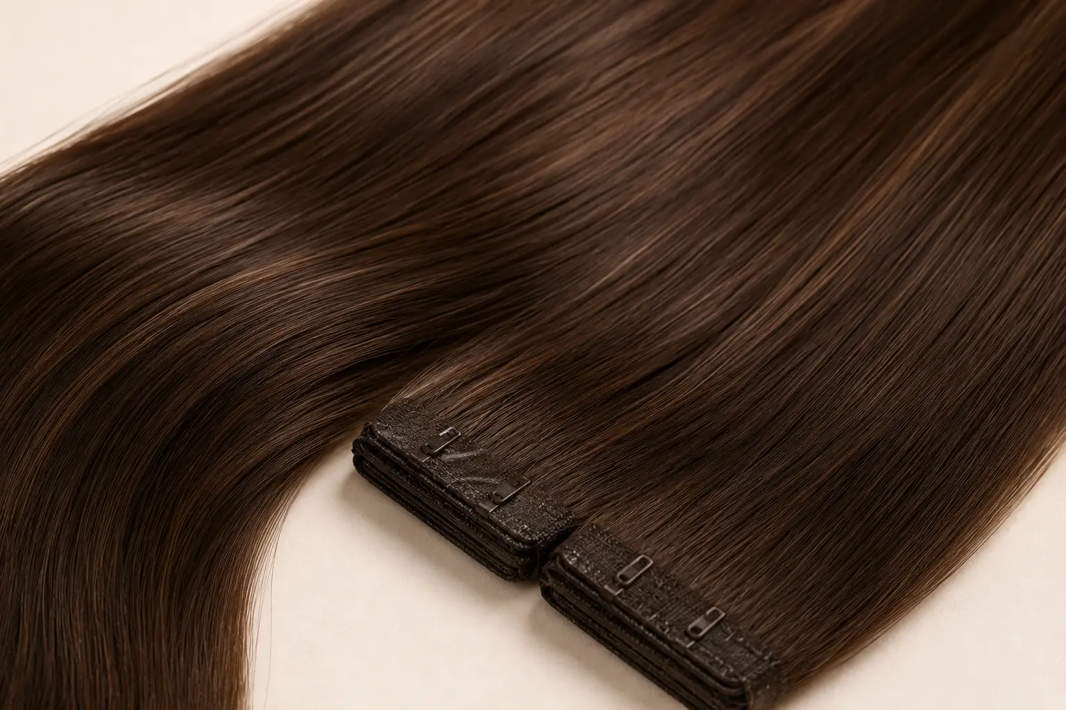Close-up of dark brown straight hair extensions